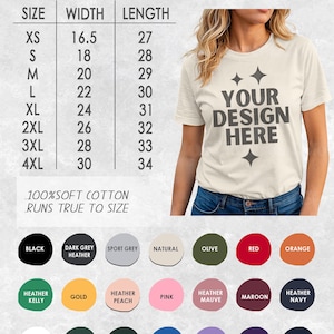 May include: Cream-colored Bella T-shirt with the text "YOUR DESIGN HERE." The image includes a size chart with measurements in inches and a color palette with options like black, red, and navy. The shirt is made of 100% soft cotton.