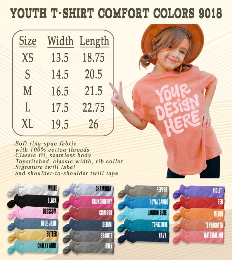 May include: A coral youth t-shirt with the text "YOUR DESIGN HERE". The image includes a size chart with measurements in inches and a color palette with various options. The shirt is made of soft ring-spun fabric.