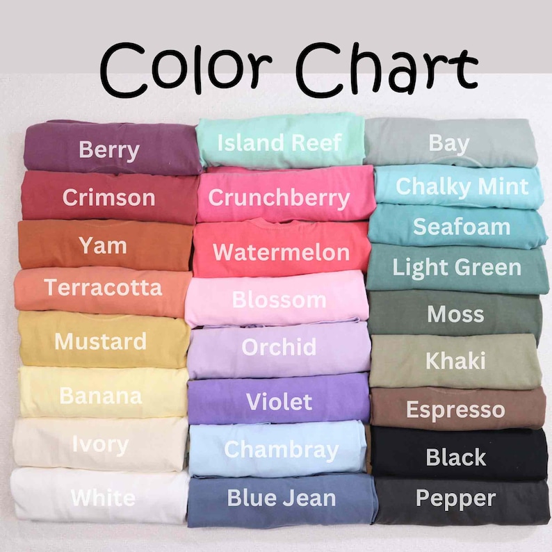 May include: Color chart showing 18 different fabric colors, including Berry, Island Reef, Bay, Crimson, Crunchberry, Chalky Mint, Seafoam, Yam, Watermelon, Light Green, Terracotta, Blossom, Moss, Mustard, Orchid, Banana, Violet, Khaki, Espresso, Ivory, White, Chambray, Black, Blue Jean, and Pepper.