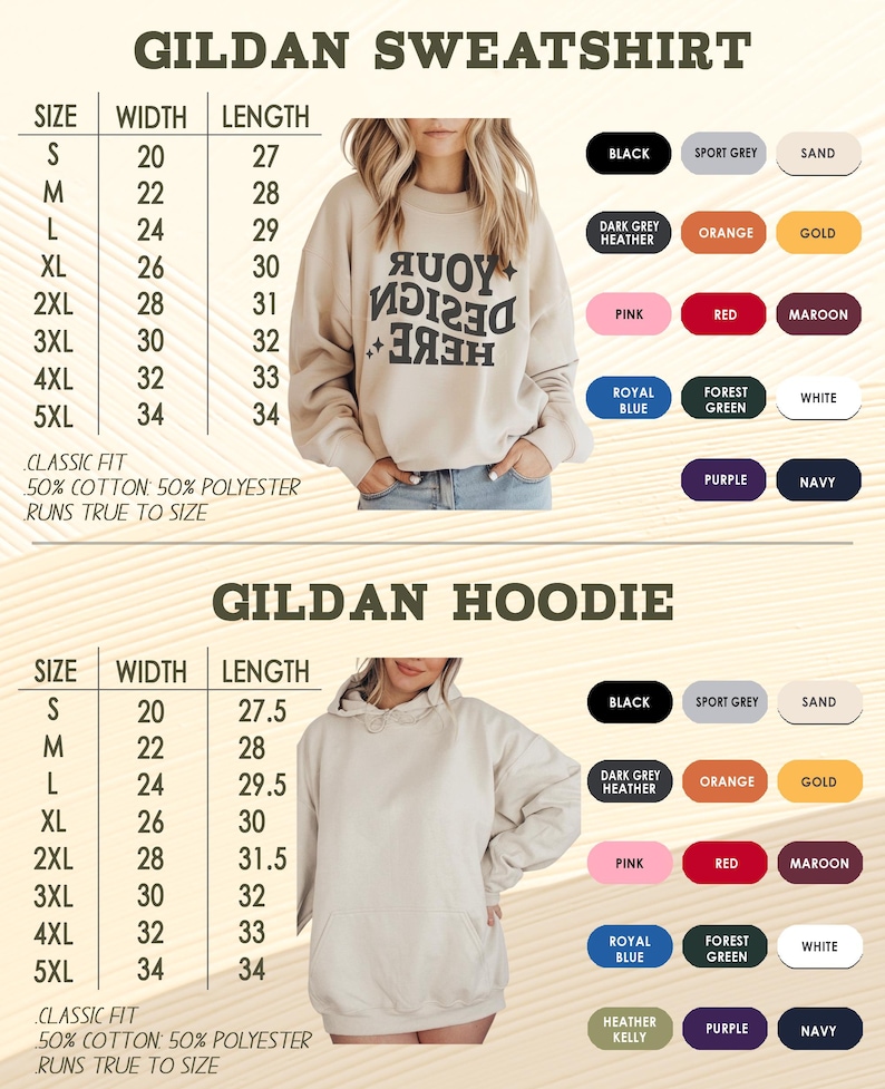 May include: A product image showcasing Gildan sweatshirts and hoodies. The image includes size charts with measurements in inches, color options, and a sample sweatshirt with the text "YOUR DESIGN HERE".