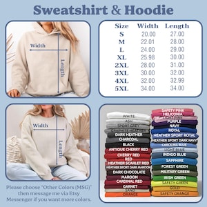 May include: A product image showcasing a beige hoodie and sweatshirt, with size and color options. The size chart displays measurements in inches for width and length. Color options include white, black, red, and various shades of blue and green.