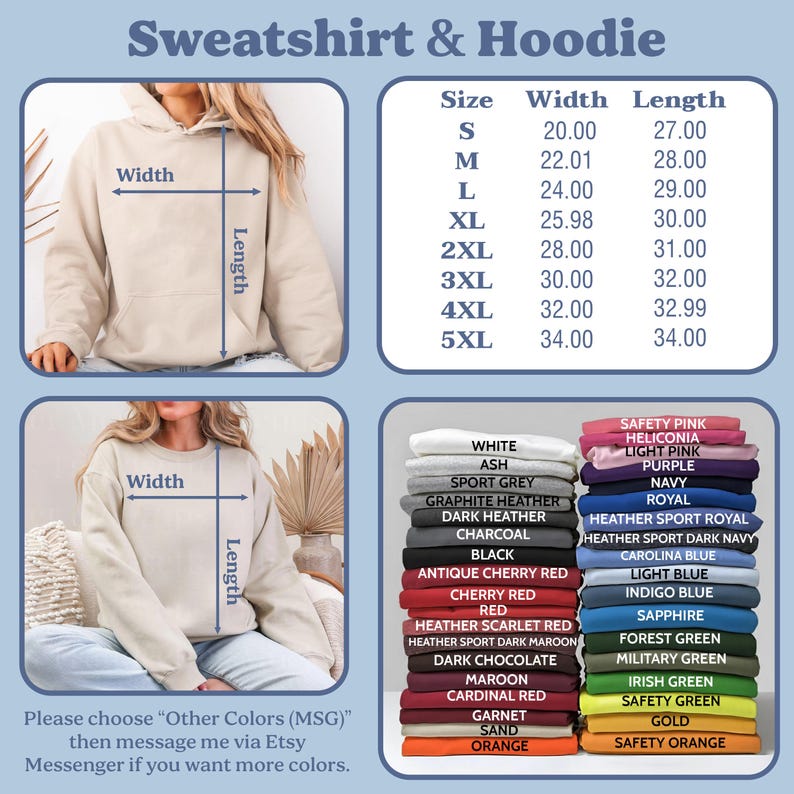 May include: A product image showcasing a beige hoodie and sweatshirt, with size and color options. The size chart displays measurements in inches for width and length. Color options include white, black, red, and various shades of blue and green.