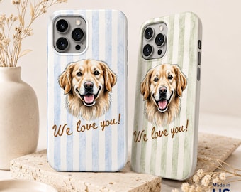 Custom Wartercolor Photo Pet Striped Tough Phone Case, Personalized Dog Dad Dog Mom Gift,  Christmas Gift For Dad Grandpa Mom Grandma