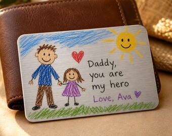 Custom Kids Drawing Metal Wallet Card, Personalized Child Artwork Keepsake, Christmas Gift For Dad Mom Grandpa Grandma