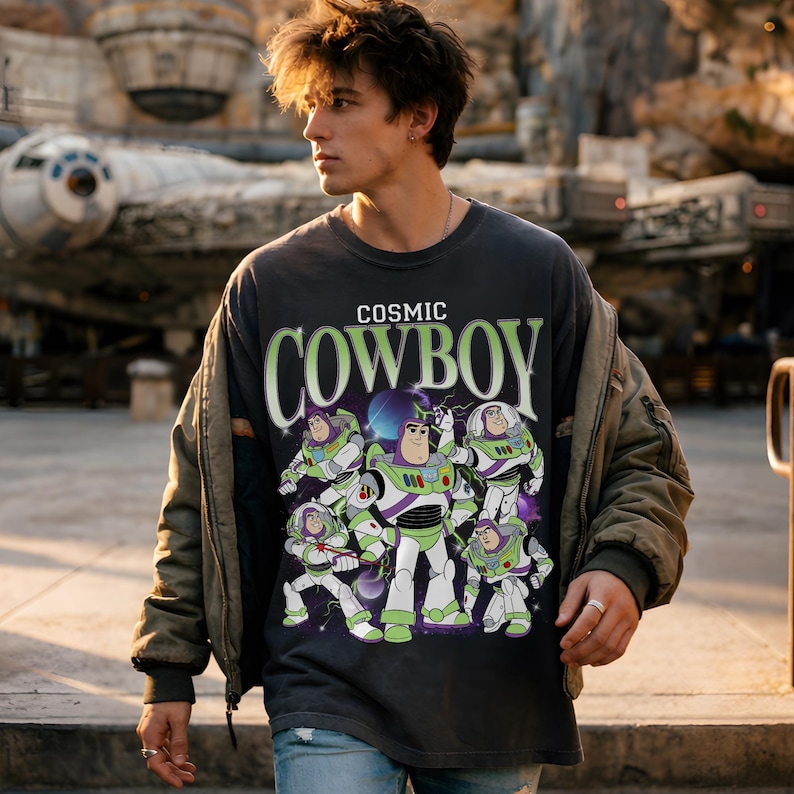 May include: A charcoal gray crew neck t-shirt featuring a graphic print of multiple Buzz Lightyear characters in various poses. The text COSMIC COWBOY is printed in large, light green letters above the characters against a dark space background.