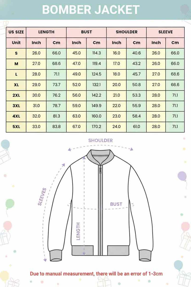 May include: A chart detailing bomber jacket measurements in inches and centimeters. The chart includes sizes S to 5XL, with measurements for length, bust, shoulder, and sleeve. A diagram of a bomber jacket illustrates the measurement points.