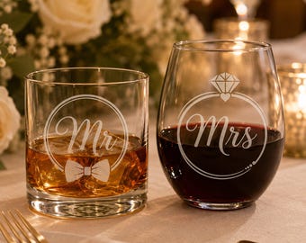 Personalized Mr and Mrs Whiskey & Wine Glass, Custom Engraved Wedding Glasses, Engagement Gift, Anniversary Gift, Wedding Party Gift