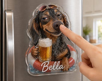 Custom Funny Wet Dog With Beer Drunk Dog Photo Nose Anti-Collision Acrylic Fridge Magnet, Personalized Pet Portrait Magnet, Pet Lover Gift