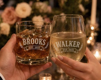 Personalized Name Whiskey & Wine Glass, Custom Laser Engraved Wedding Glasses, Bride Groom Gift, Engagement Keepsake