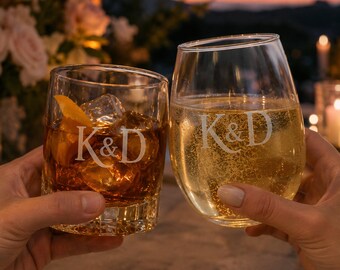 Custom Monogram Laser Engraved Whiskey & Wine Glasses, Personalized Initials Couple Matching Glass, Wedding Party Gift, Groom Couple Gifts