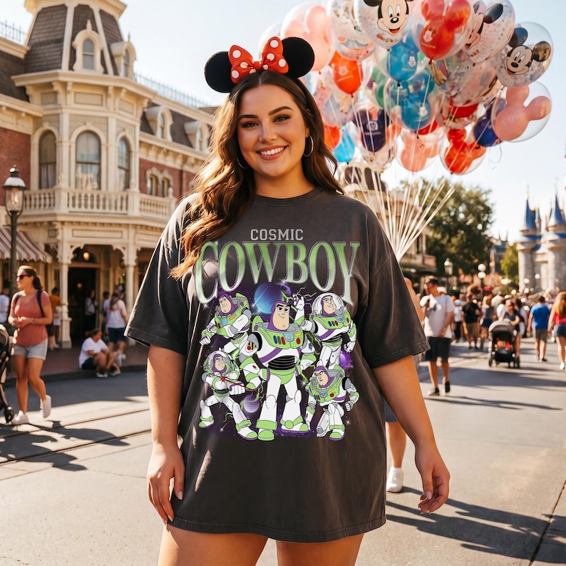 May include: A charcoal gray short-sleeve t-shirt featuring the text "COSMIC COWBOY" in green letters above a graphic illustration of multiple Buzz Lightyear characters in their signature white, green, and purple space ranger suits.