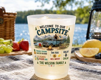 Custom Photo Camping Frosted Plastic Cup, Personalized Family Name Party Cup, Campsite Pint Glass, Camp Birthday Gift for Campers