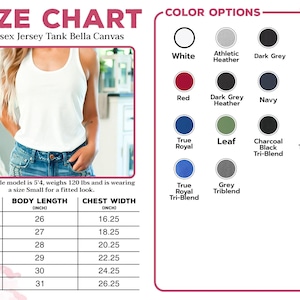 May include: Size chart for a Unisex Jersey Tank Bella Canvas, with body length and chest width measurements in inches. Color options include white, red, and various shades of gray, blue, and green. The model is 5'4" and 120 lbs, wearing a size Small.
