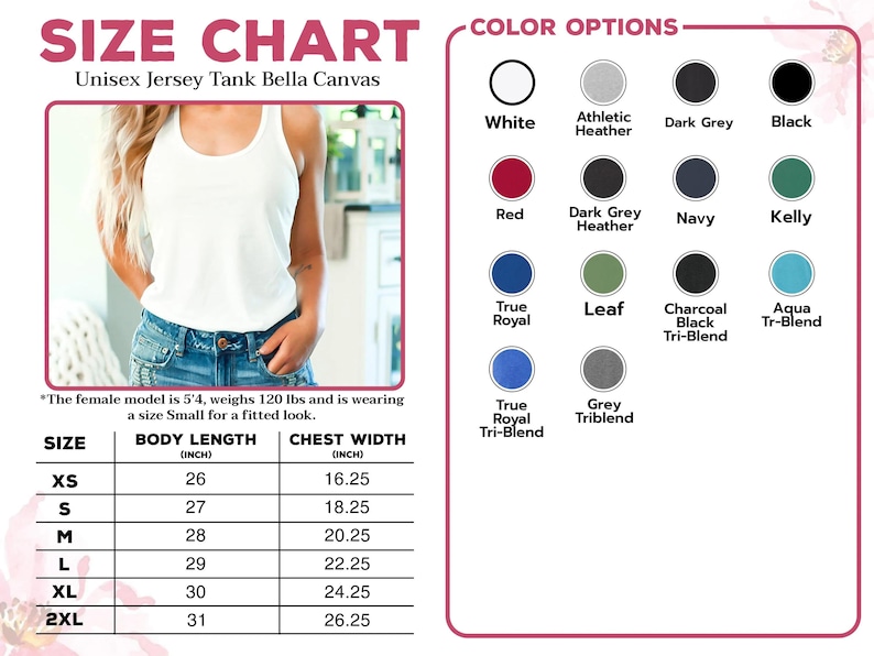May include: Size chart for a Unisex Jersey Tank Bella Canvas, with body length and chest width measurements in inches. Color options include white, red, and various shades of gray, blue, and green. The model is 5'4" and 120 lbs, wearing a size Small.
