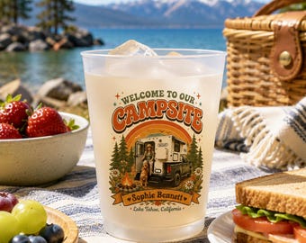 Personalized Camping Party Frosted Plastic Cup, Custom Name & Photo Birthday Camp Theme Plastic Cup, Sleep Under The Stars Party Cup