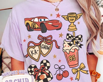 Retro Lightning Mcqueen 95 Ka-Chow Cherry Coquette Bow T-Shirt, Cute Disney Cars Shirt, Pixar Lightning Mcqueen Tee, Disneyland Trip Outfit