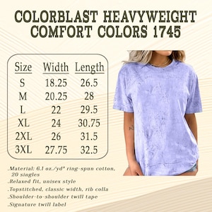 Może przedstawiać: Jasnofioletowa koszulka z kr&oacute;tkim rękawem i teksturowanym wzorem. Koszulka jest częścią kolekcji Colorblast Heavyweight Comfort Colors 1745. Dołączona jest tabela rozmiar&oacute;w z wymiarami w cm dla rozmiar&oacute;w od S do 3XL. Koszulka wykonana jest z bawełny ring-spun.