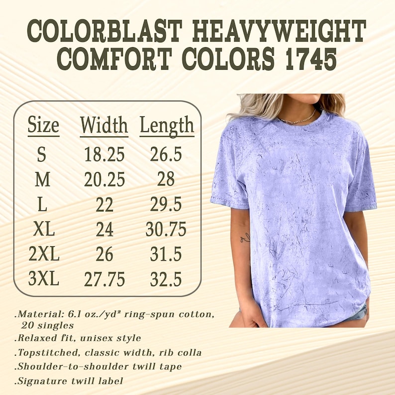 Może przedstawiać: Jasnofioletowa koszulka z kr&oacute;tkim rękawem i teksturowanym wzorem. Koszulka jest częścią kolekcji Colorblast Heavyweight Comfort Colors 1745. Dołączona jest tabela rozmiar&oacute;w z wymiarami w cm dla rozmiar&oacute;w od S do 3XL. Koszulka wykonana jest z bawełny ring-spun.