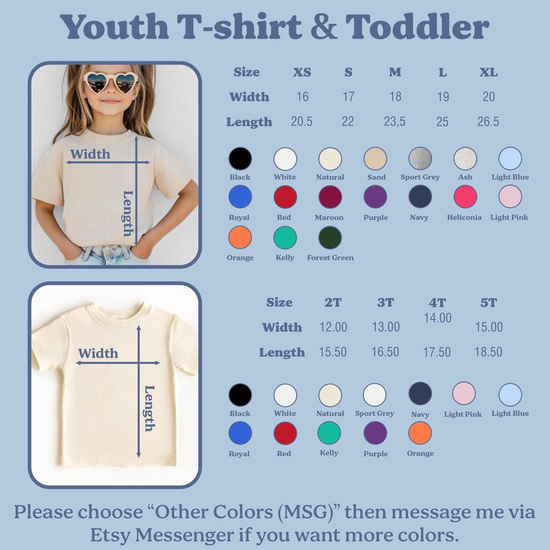 May include: A product image displaying a size chart for youth t-shirts and toddler shirts. The chart includes sizes, widths in inches (16-20), and lengths in inches (20.5-26.5). Color options are also listed.