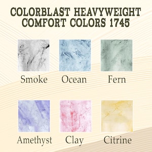 Może przedstawiać: Obraz przedstawia sześć pr&oacute;bek tkanin w kolorach Smoke, Ocean, Fern, Amethyst, Clay i Citrine. U g&oacute;ry znajduje się tekst "COLORBLAST HEAVYWEIGHT COMFORT COLORS 1745". Każda pr&oacute;bka ma unikalny wygląd.