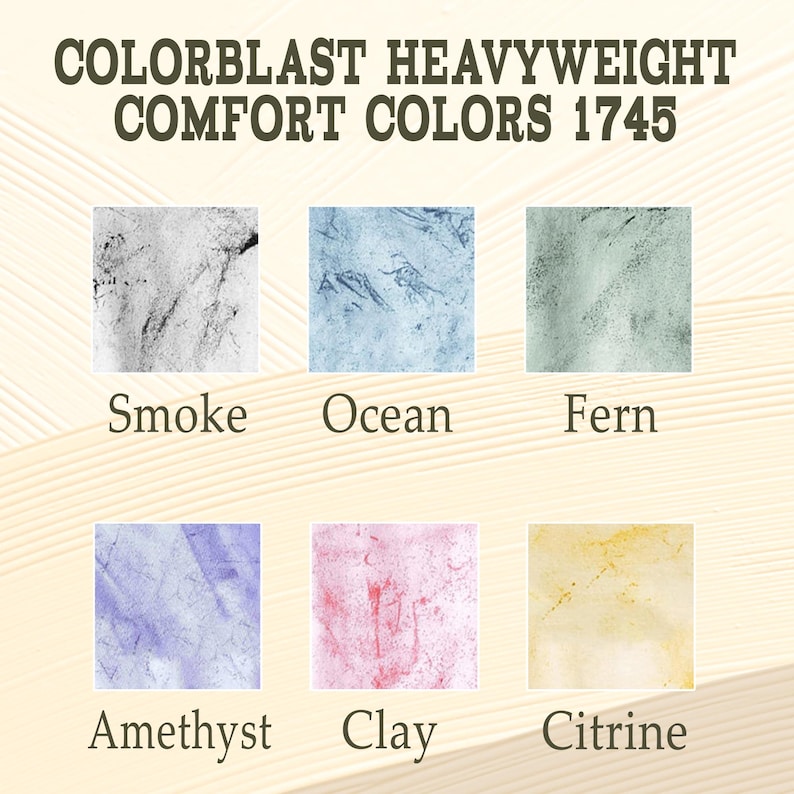 Może przedstawiać: Obraz przedstawia sześć pr&oacute;bek tkanin w kolorach Smoke, Ocean, Fern, Amethyst, Clay i Citrine. U g&oacute;ry znajduje się tekst "COLORBLAST HEAVYWEIGHT COMFORT COLORS 1745". Każda pr&oacute;bka ma unikalny wygląd.