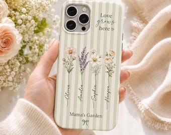 Custom Kids Names Birth Month Flower Striped Tough Phone Case, Personalized Mothers Day Gift For Mom Grandma, IP 17, 16, 15 Cover