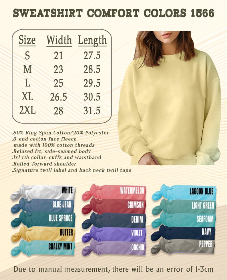 May include: A light yellow sweatshirt with a crew neck. The image includes a size chart with measurements in inches and a color palette featuring white, blue, red, and green hues. The text on the image reads "SWEATSHIRT COMFORT COLORS 1566".