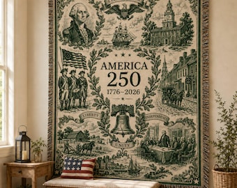 Vintage Toile De Jouy America 250 Woven Blanket, 1776–2026 USA Semiquincentennial Decor, George Washington  Blanket, 4th of July Gift