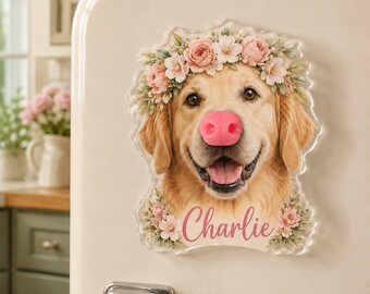 Custom Pet Dog Floral Photo Dog Nose Anti-Collision Acrylic Fridge Magnet, Personalized Pet Portrait Fridge Magnet, Pet Lover Gift