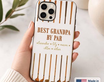 Custom Kid Name Striped Tough Phone Case, Personalized Best Dad By Par Phone Cover, Christmas Gift For Dad Grandpa, IP Cover Gift