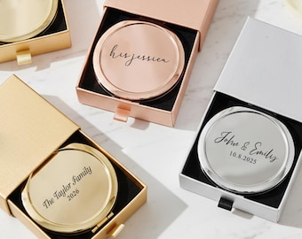 Espejo compacto personalizado con texto personalizado, espejo de maquillaje de bolsillo dorado grabado, regalo de boda para damas de honor, elegante recuerdo de despedida de soltera.