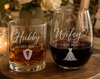 Custom Hubby Wifey Established Laser Engraved Whiskey & Wine Glasses, Personalized Couple Matching Glass, Wedding Gift, Engagement Gift