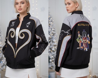 Chaqueta bomber con el logo de Disney Kingdom Hearts, chaqueta cuadrada con Sora, Donald y Goofy en el trono, conjunto familiar a juego de Disney Gaming
