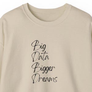 May include: A cream coloured sweatshirt with the text "Big Data Bigger Dreams" printed on the front in black.