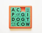 Spell Cow - Vintage Word and Picture Puzzle - Kids - Peach - School - Green - Mint - Pastel - Animals - Cow - Dog - Cat