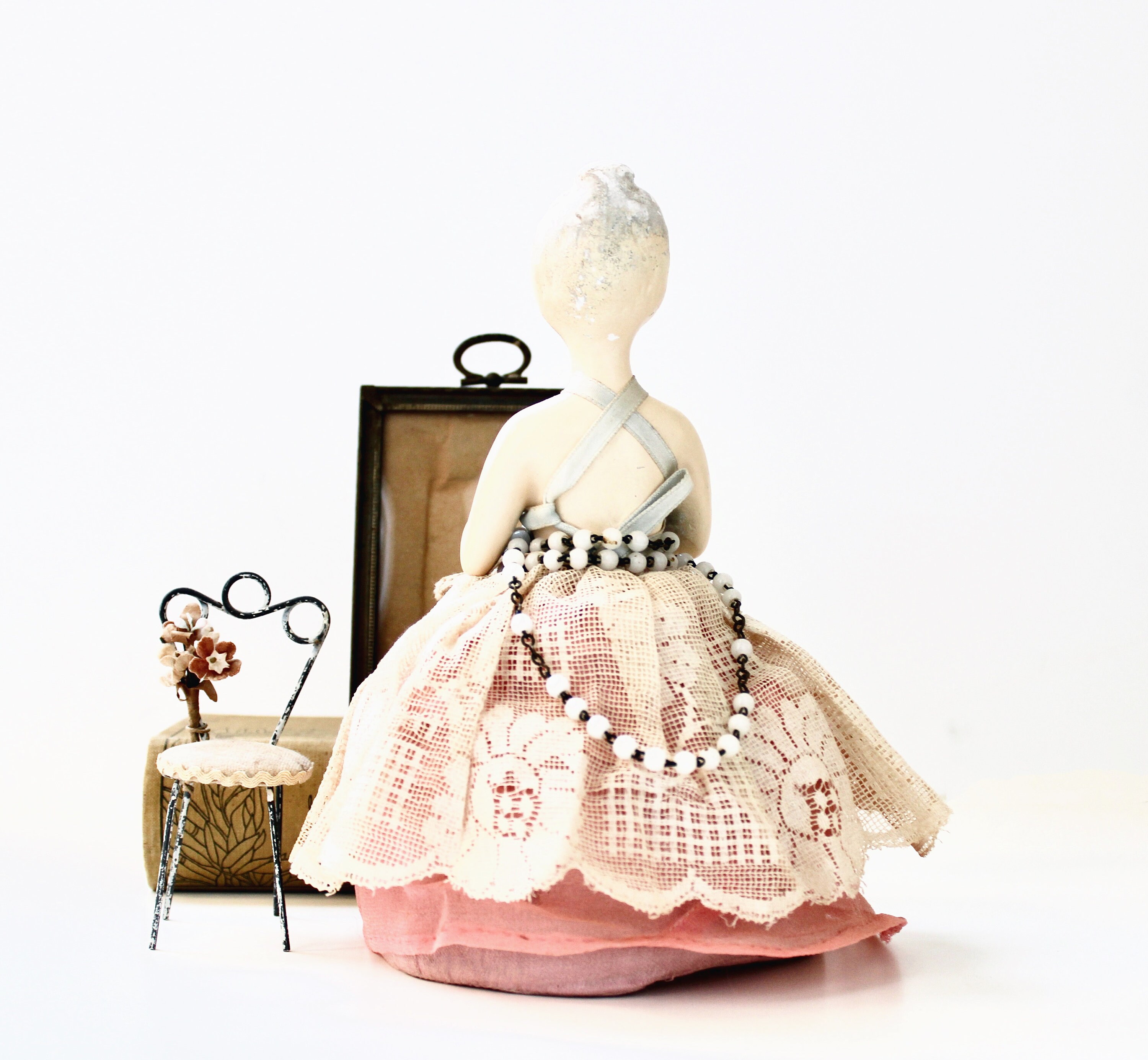 Vintage Chalkware Pin Cushion Lady German Antique 1920s Pin Cushion