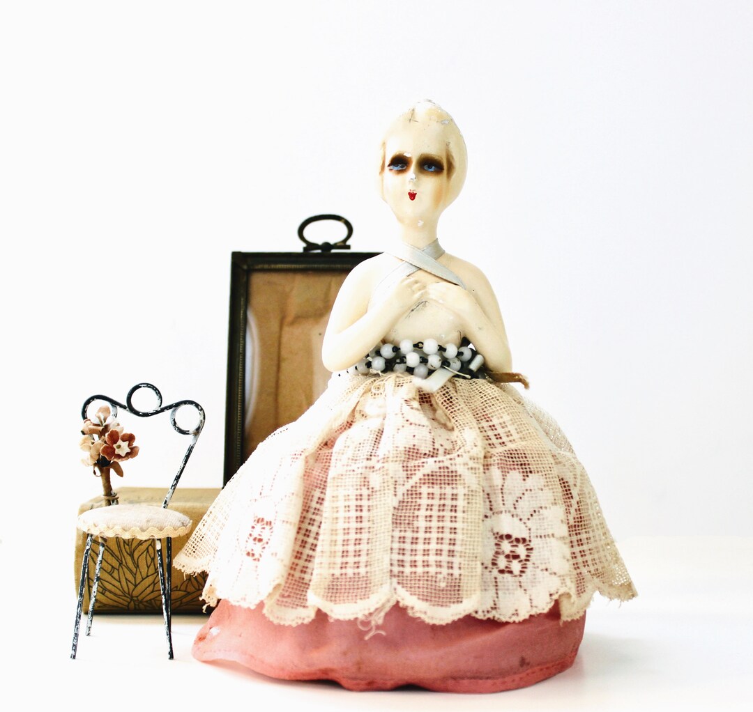 Vintage Chalkware Pin Cushion Lady German Antique 1920s Pin Cushion