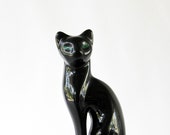 Here Kitty Kitty - Vintage Ceramic Black Cat - Green Eyes - Mid Century - Halloween - October - Fall - Autumn - Pets - Home Decor