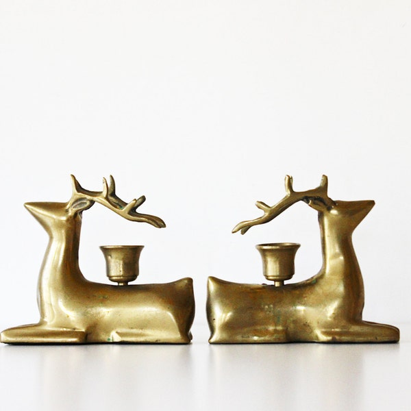 Ready for Snow - Vintage Brass Candle Holders - Mid Century - Winter - Reindeer - Holidays - Christmas - Forest - Gold - Home Decor