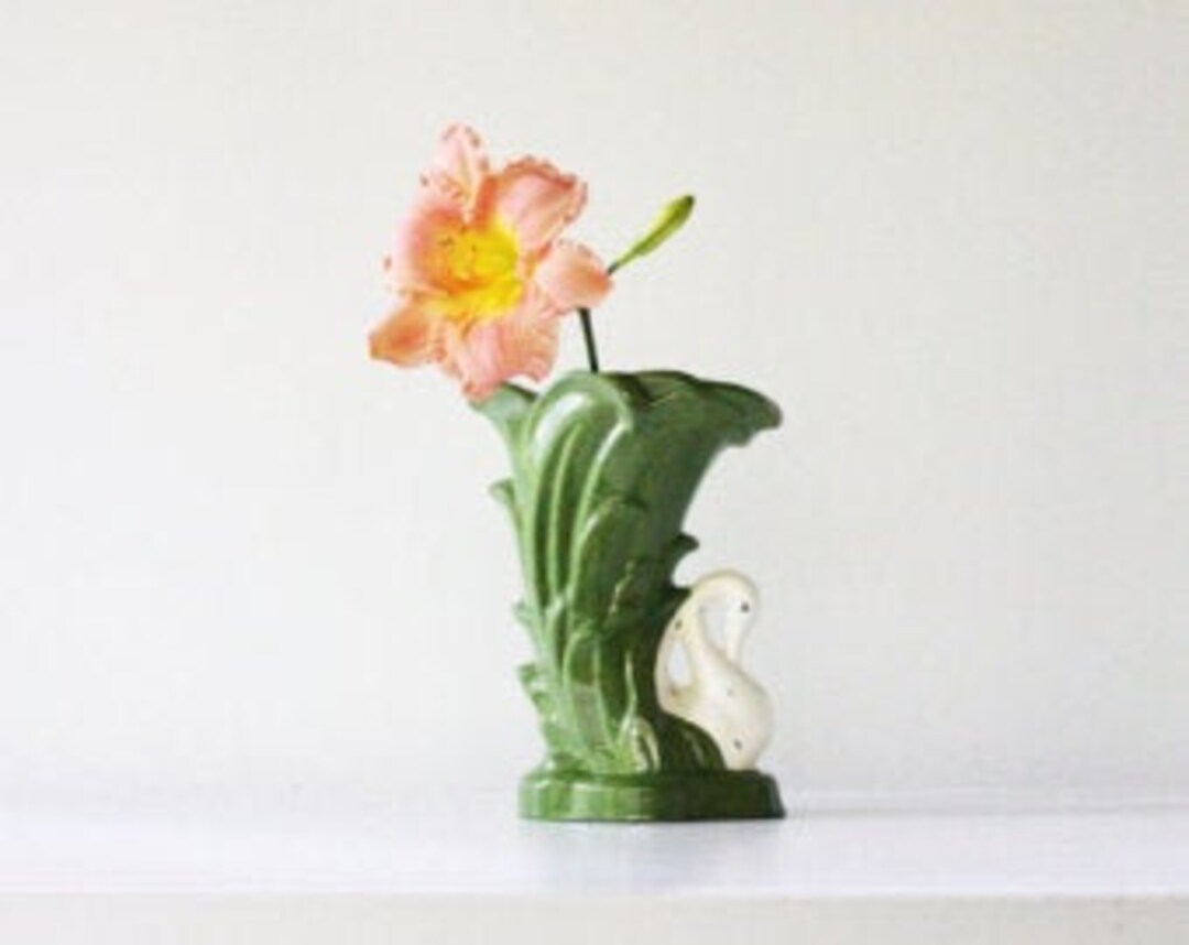 Vintage Swan Vase Mid Century Green Flowers Garden Etsy