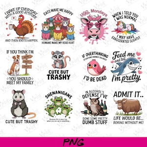 Puede incluir: Una colección de gráficos digitales coloridos y humorísticos con varios animales y frases. Los diseños incluyen un pavo con café, gatos bajo una carpa de circo, una vaca con un lazo, un unicornio, un perro, una rata, un pájaro, un tiburón, una zarigüeya, ranas, un búho y un yak.