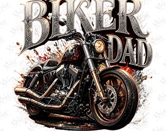 May include: A graphic design featuring a motorcycle with a dark red fuel tank and black frame. The text BIKER DAD is displayed in large, metallic, textured letters above the motorcycle. The background includes abstract red and black paint splatters.