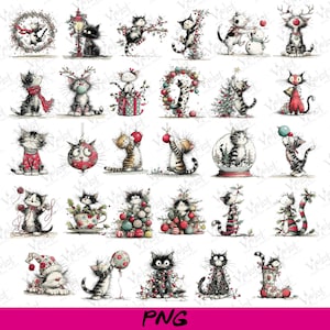 May include: A collection of watercolor-style illustrations featuring various cats in festive holiday scenes. The cats are depicted with Christmas decorations, ornaments, and winter attire, creating a whimsical and seasonal theme.