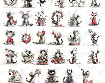 Grillige kerstkatten clipart | PNG-bundel feestdagen (digitale ontwerpen)