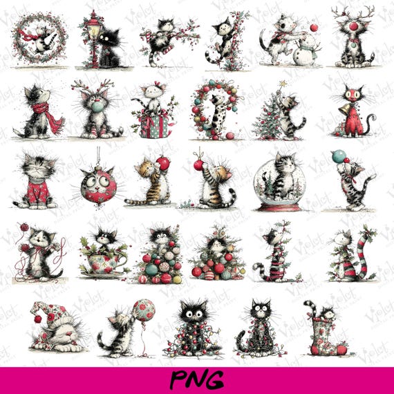 Whimsical Christmas Cats Clipart | Holiday PNG Bundle (Digital Designs)