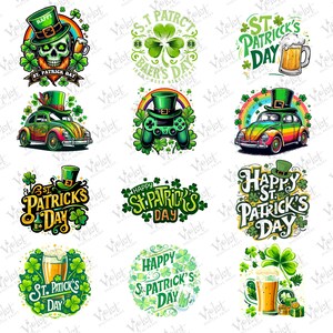 May include: A collection of 10 St. Patrick's Day themed digital designs featuring shamrocks, beer mugs, leprechauns, and a Volkswagen Beetle. The designs are in a variety of styles, including cartoon, vintage, and modern.