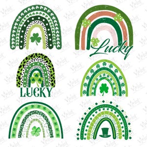 May include: Set of six digital clipart images featuring green shamrock rainbows with various patterns, including polka dots, leopard print, and shamrock designs. Some rainbows include the word "Lucky" and a leprechaun hat.
