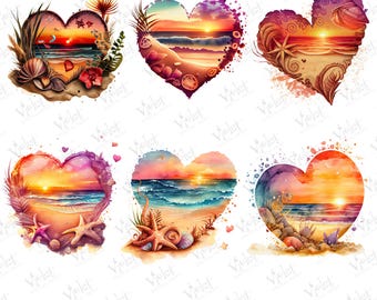 May include: Six heart-shaped watercolor designs featuring beach scenes at sunset. Each heart showcases a unique composition of sand, ocean, and sky, with added elements like seashells, starfish, and foliage. The word "PNG" is at the bottom.