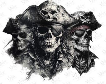 May include: A black and white graphic illustration featuring three pirate skulls wearing weathered tricorn hats. The central skull wears an eye patch, while the others display detailed bone structures and textures, all set against a plain white background.