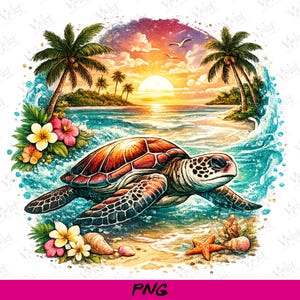 Puede incluir: Ilustración acuarela de una tortuga marina nadando en el océano. La tortuga tiene un caparazón marrón y naranja, con una cabeza blanca y negra. El fondo presenta una puesta de sol sobre una playa tropical con palmeras y flores.
